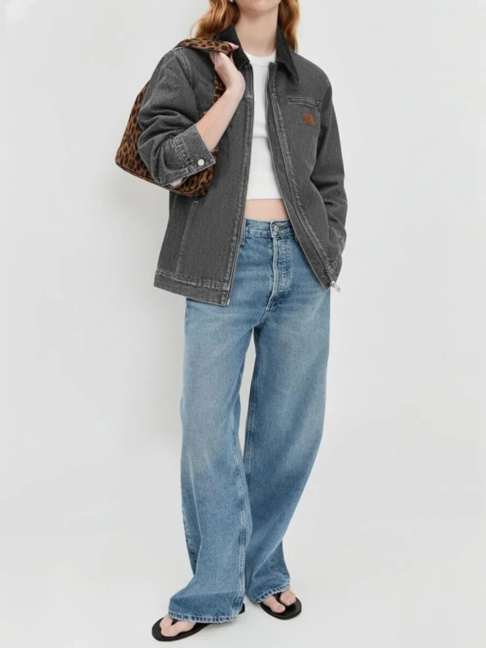Women's Dark Grey Cropped Zip Up Denim Lightweight Casual Fall Outerwear Jackets